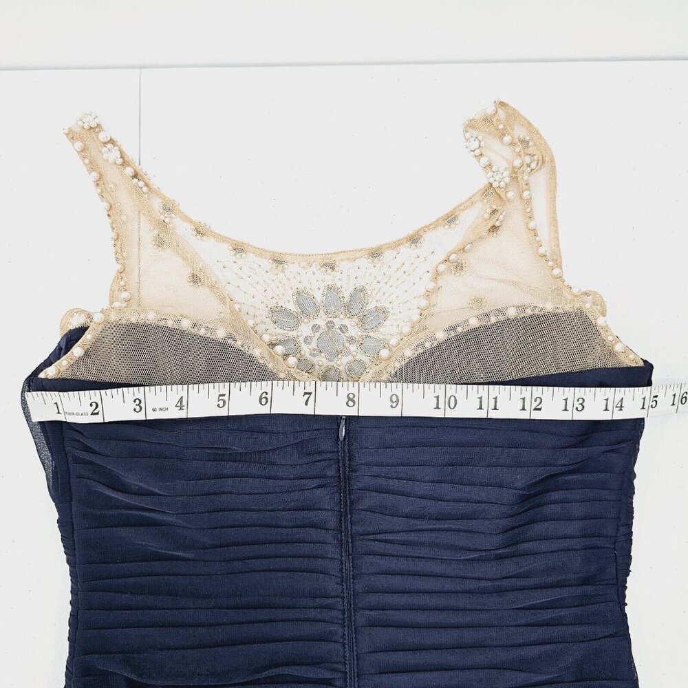 Adrianna Papell Illusion Bodice Jersey Sheath Dress Womens 6 Navy Mini Cocktail - Picture 5 of 16